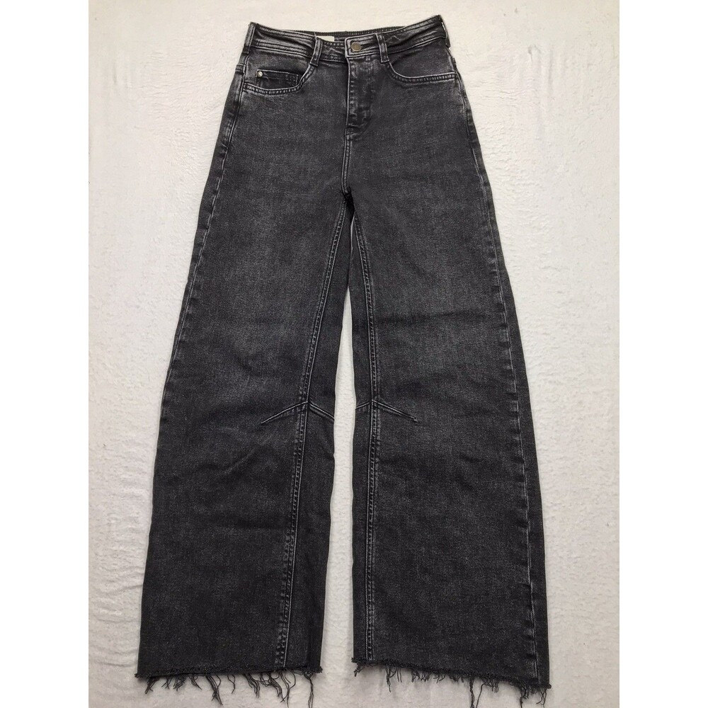 PILCRO Wide Leg Barrel Jeans Women 23T (24x27) Black Fray Hem Crop Stretch